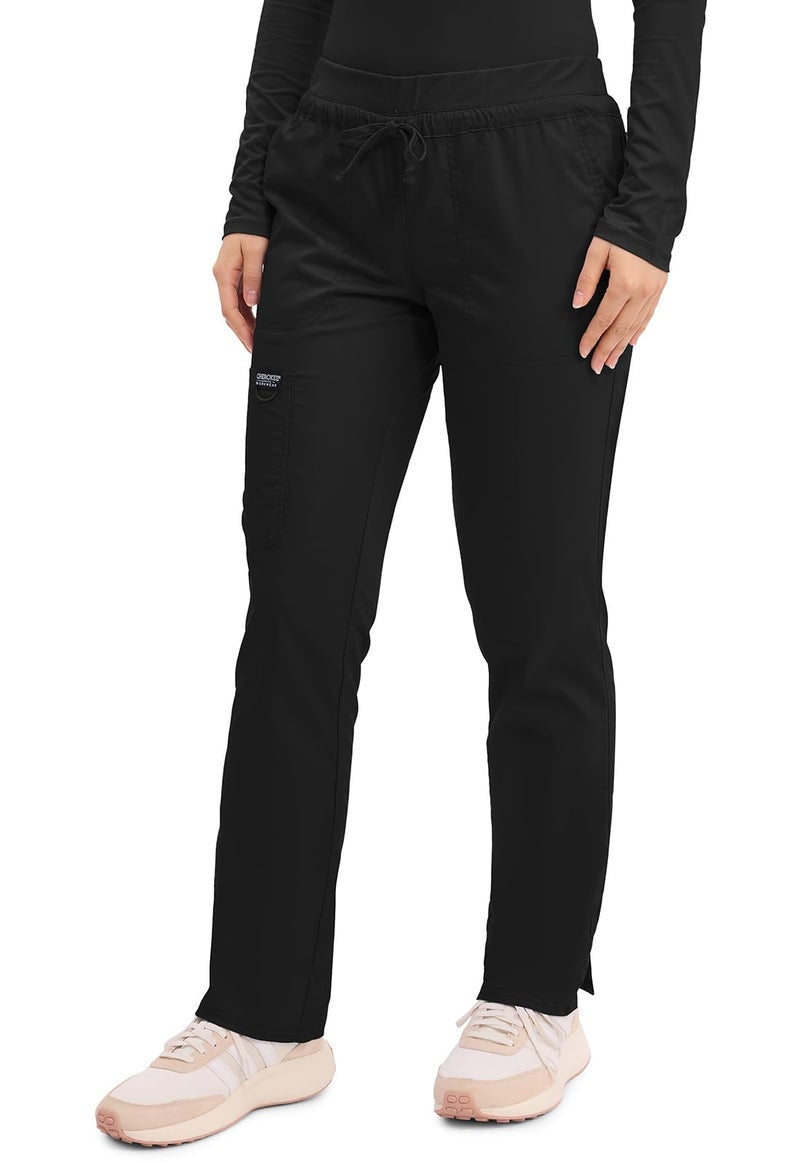 Cherokee Scrubs for Women Mid Rise Tapered Leg Drawstring Pant with 5 Pockets, Cargo Bottom with 2 Way Stretch Fabric - WW105P, XS Petite, Black - Image 2